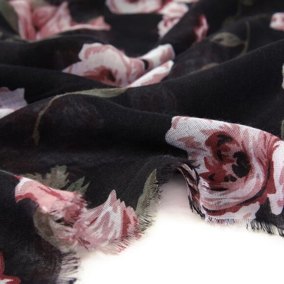 Women Black Fashion Flowers Print Scarves Winter Head Shawl Cotton Wrap - Picture 8 of 9